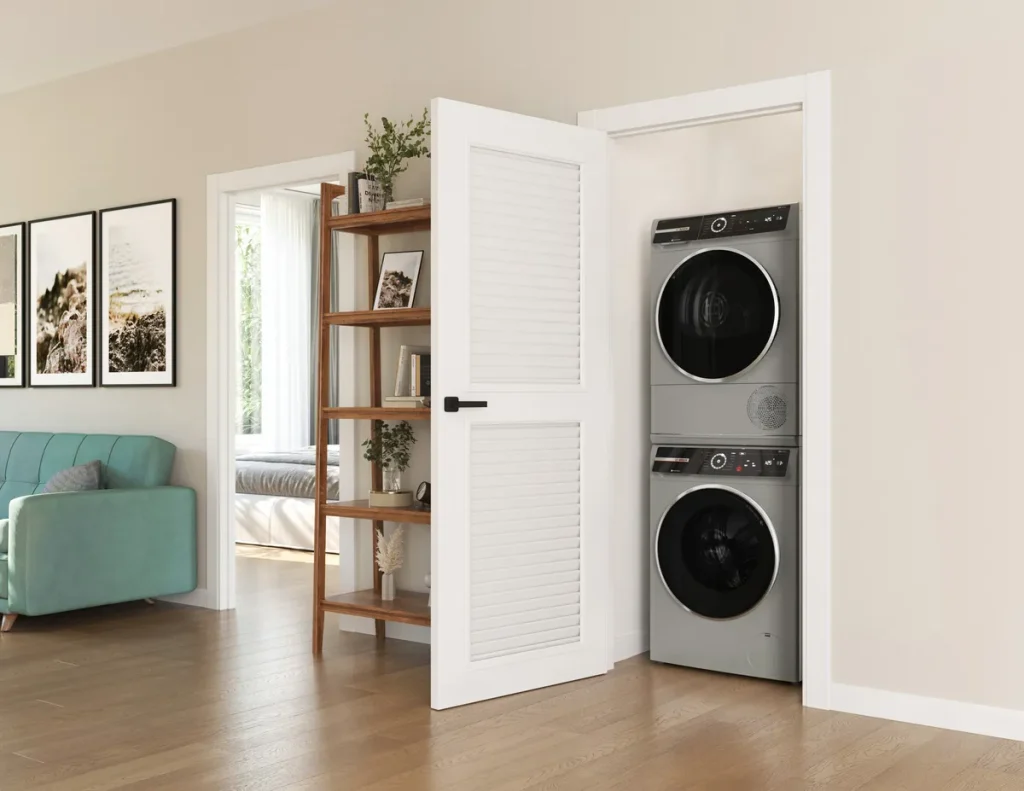 Bosch washer and dryer repair on a stacked front-load set installed in a closet laundry nook in a luxury Orange County home.