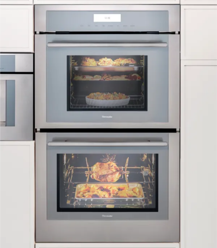Thermador built-in double wall oven with food inside