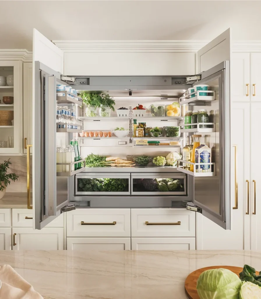 Thermador built-in refrigerator with open doors and fresh food