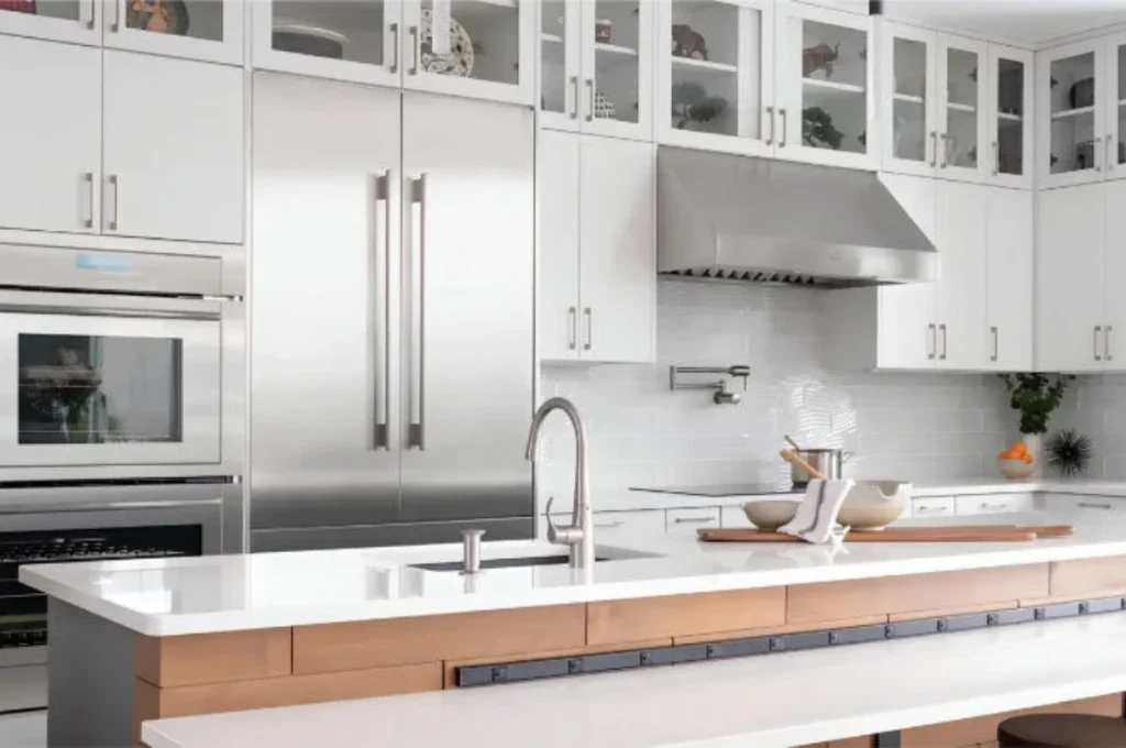 Thermador built-in stainless steel refrigerator in a modern kitchen