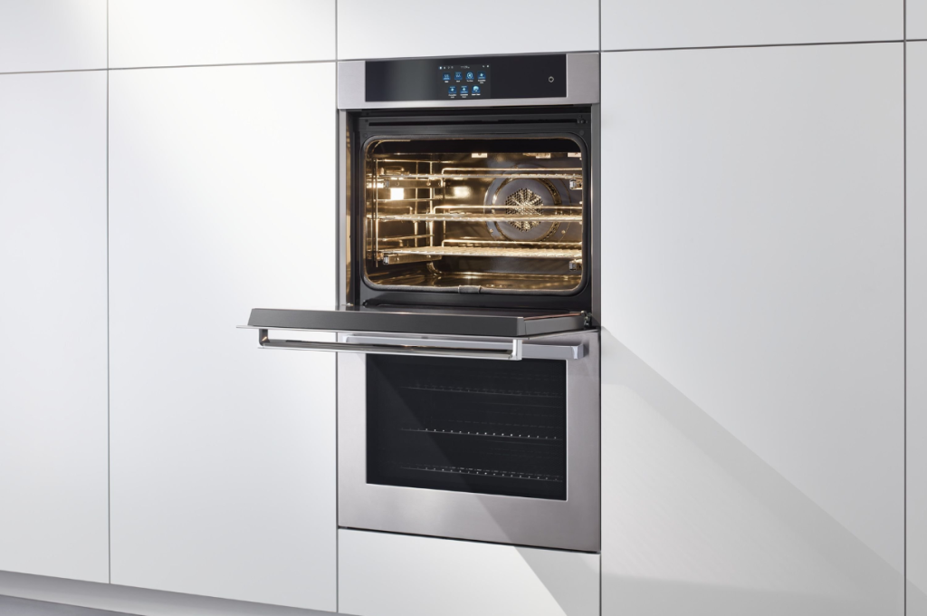 Stainless steel Viking wall oven with open door