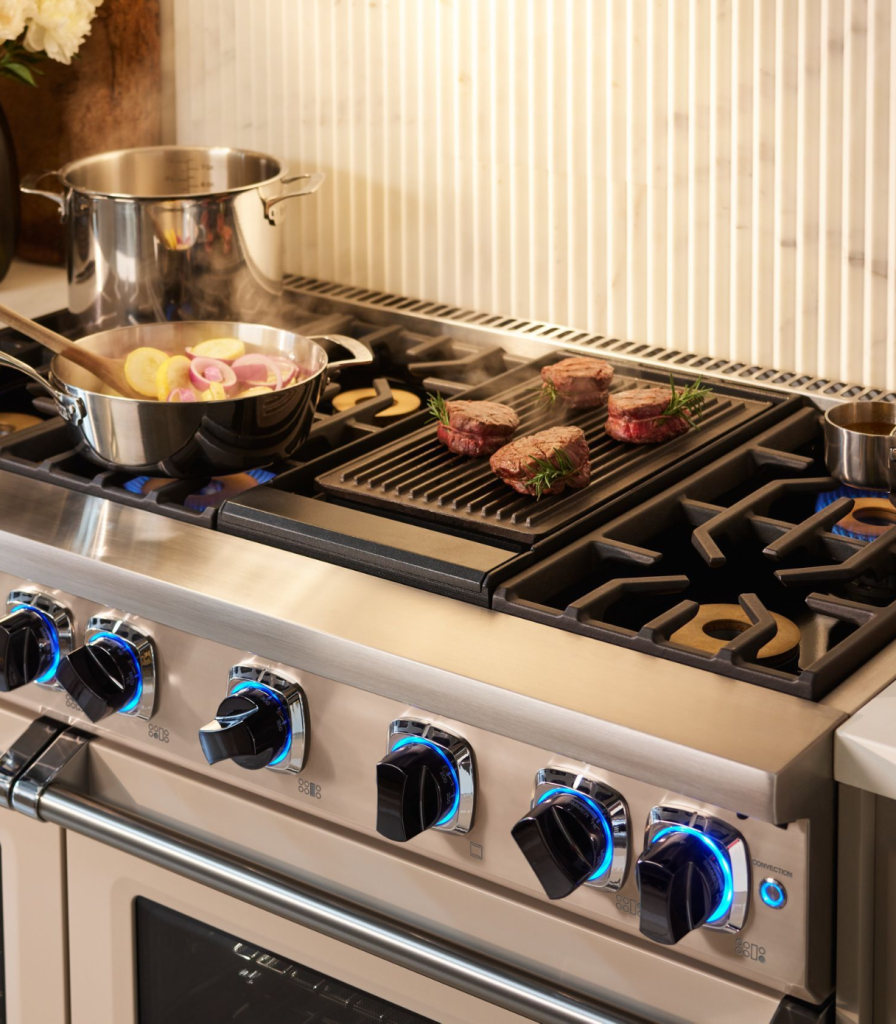 Viking gas range with food cooking