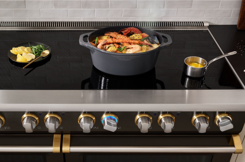 Viking gas range with food cooking