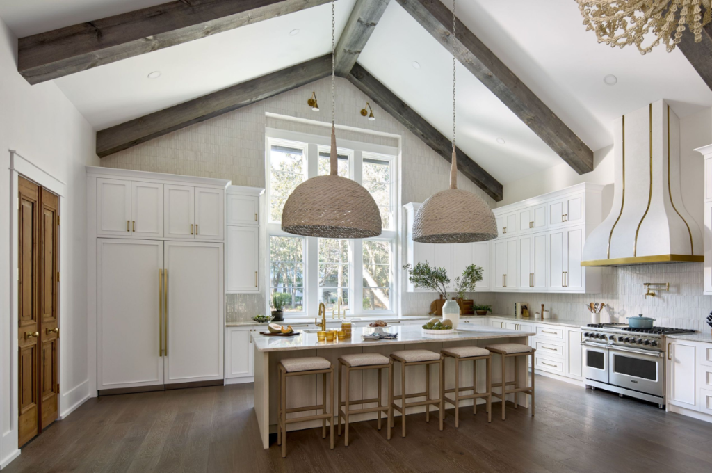 White modern kitchen with a built-in Viking refrigerator