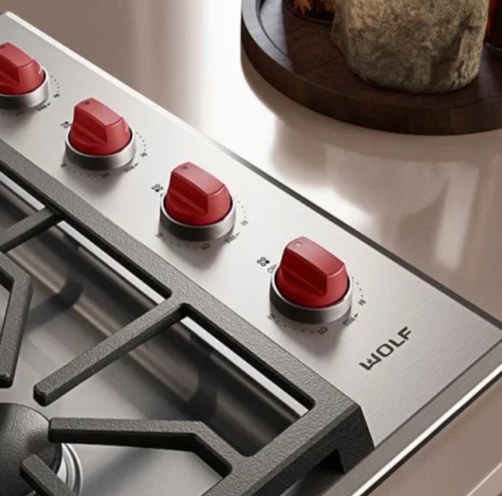 Wolf gas cooktop with signature red control knobs