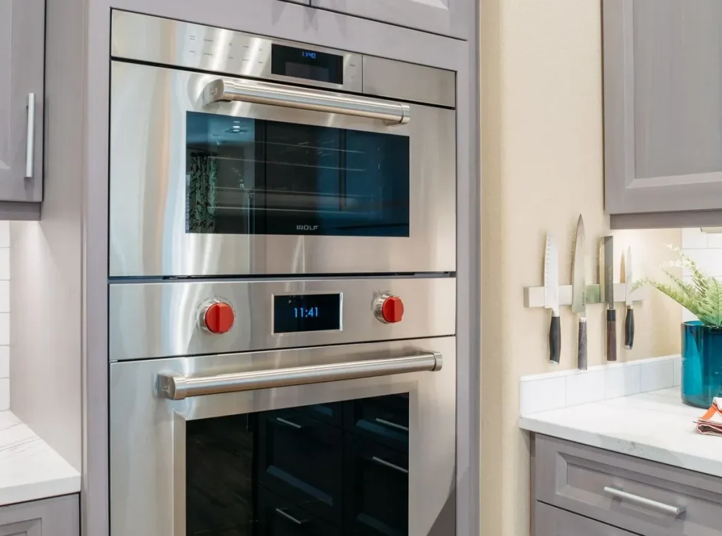 Wolf double wall oven installed in a modern kitchen