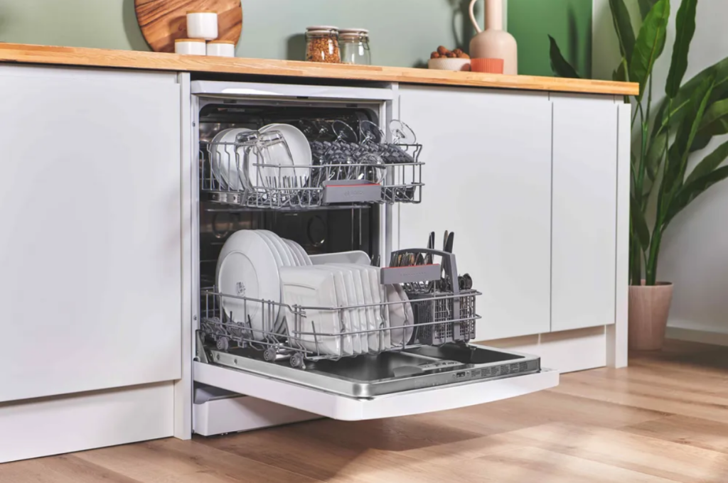 Bosch built-in dishwasher with dishes in a modern kitchen