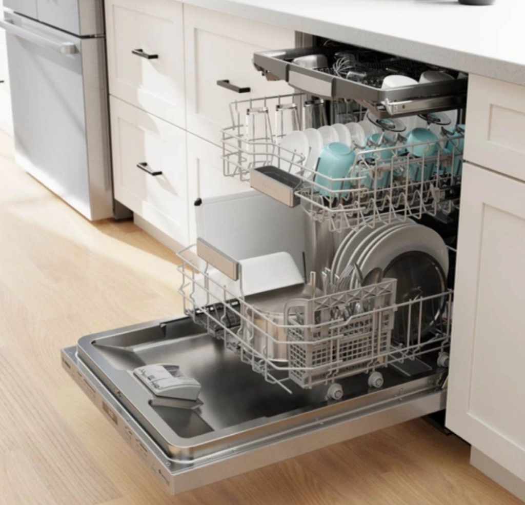 Bosch built-in dishwasher with loaded racks