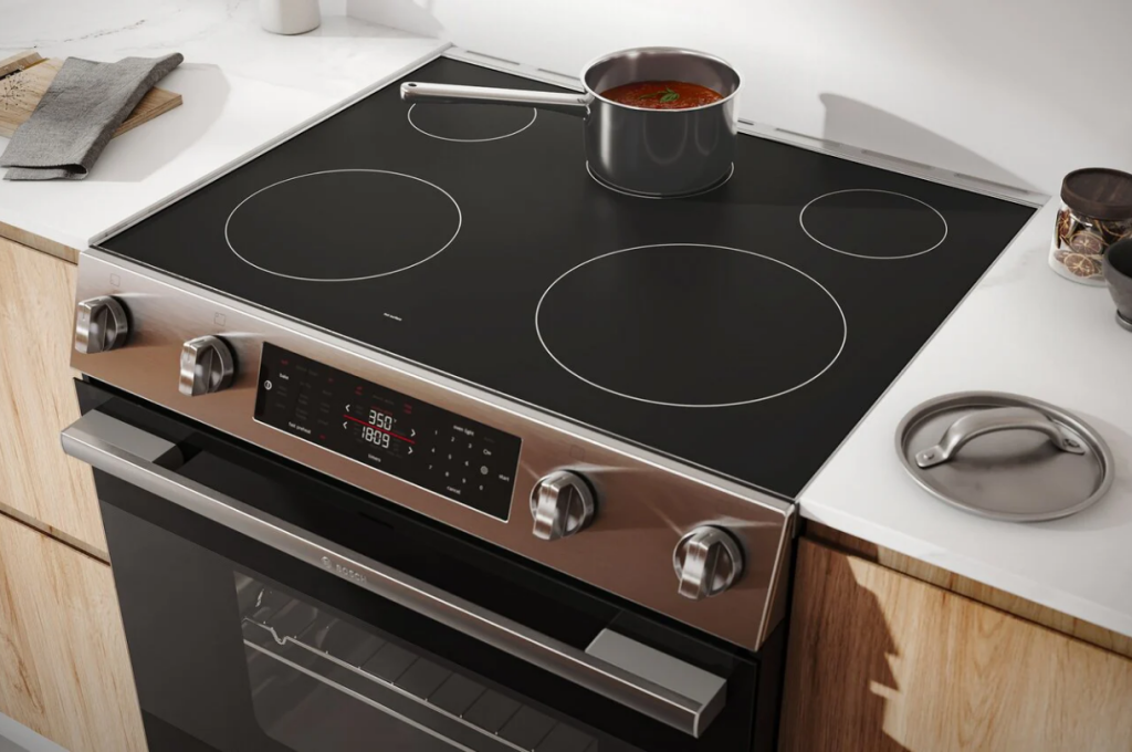 Bosch stainless steel slide-in electric range with glass cooktop
