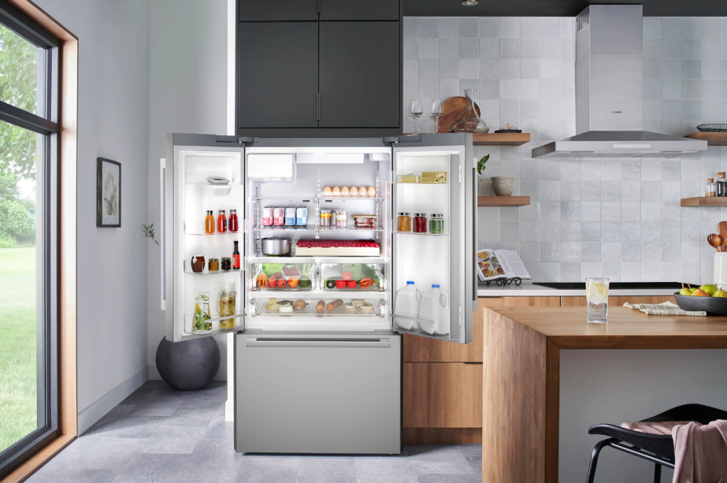 Bosch stainless steel French door refrigerator with open doors