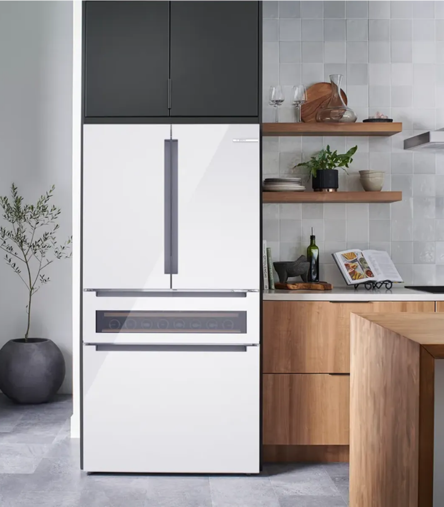 Bosch white French door refrigerator in a modern kitchen