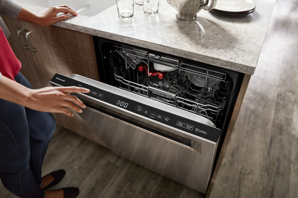 KitchenAid stainless steel dishwasher with open door