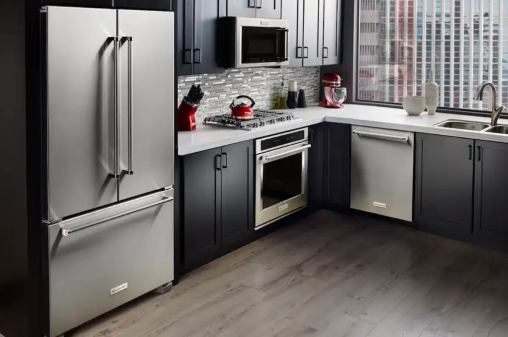 KitchenAid stainless steel French door refrigerator in a modern kitchen