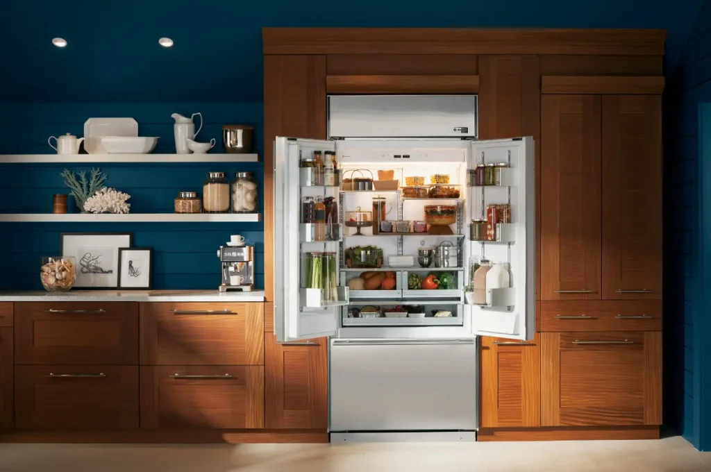Monogram built-in French door refrigerator with open doors